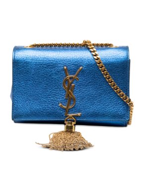 Saint Laurent Blue Small Metallic Calfskin Monogram Kate Tassel Crossbody