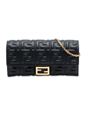 Fendi Black Zucca Embossed Nappa Baguette Continental Wallet With Chain