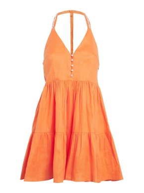 Maje Yellow Linen Pearl-Trim Mini Dress