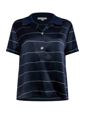 Vince Navy Silk Stripe Polo Shirt