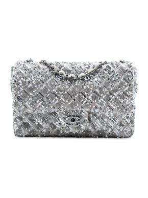 Chanel Silver Medium Classic Satin and Sequin Single Flap