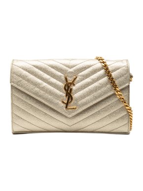 Saint Laurent Gold Metallic Grain De Poudre Matelasse Chevron Monogram Chain Wallet