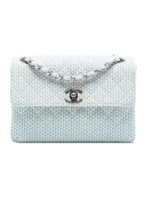 Chanel Blue And White CC Quilted Tweed Chain Flap