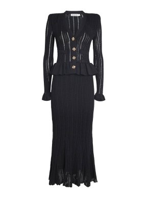 Self-Portrait Black Knit Peplum Midi Dress