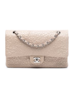 Chanel Beige Medium Classic Lambskin Camellia Stitched Double Flap