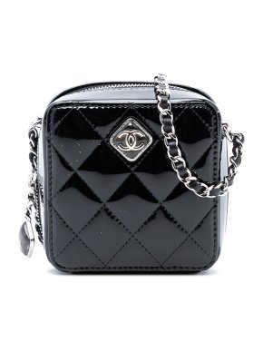 Chanel Black Quilted Patent Diamond Resin Clutch With Chain