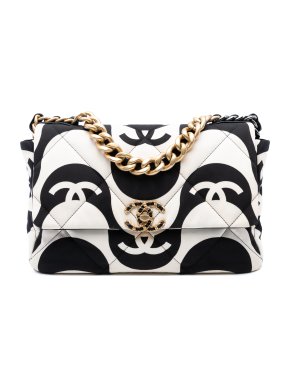Chanel Black And White Large Printed Silk 19 Flap