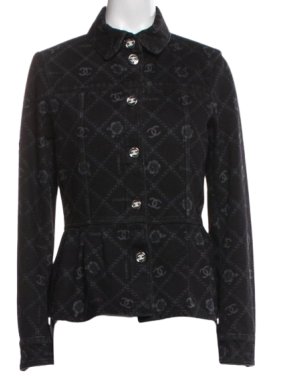 Chanel Black Camelia Denim Button Front Jacket