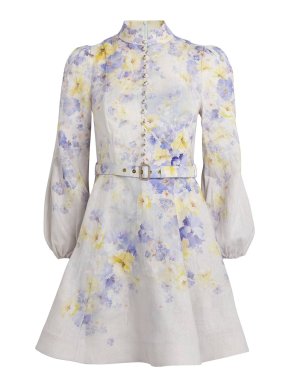 Zimmermann Crush Floral-Print Belted Linen Mini Dress