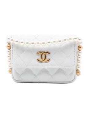 Chanel White Quilted Lambskin About Pearls Card Holder On Chain