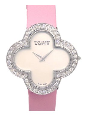 Van Cleef & Arpels Alhambra Quartz Watch White Gold and Satin with Diamond Bezel and Mother of Pearl 26
