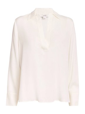 Vince Ivory Stretch-Silk Long-Sleeve Polo Shirt