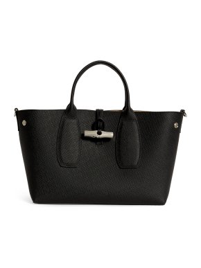 Longchamp Paris Le Roseau Real Leather M Handbag Black Top Handle