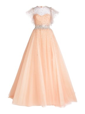 Monique Lhuillier Embroidered Flutter Sleeve Gown