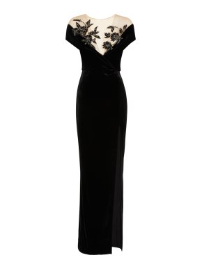 Marchesa Marchsea Off Shoulder Velvet Embroidered Neck Gown