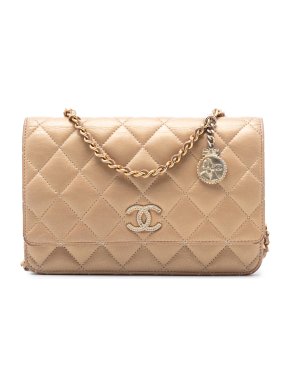 Chanel  Gold Quilted Iridescent Lambskin Coin Charm Wallet on Chain