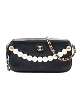 Chanel Black Quilted Goatskin Chic Pearls Double Zip Clutch With Chain