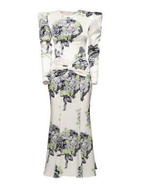 Alessandra Rich Silk Satin Rose Print Midi Dress