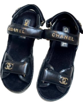 Chanel Quilted Black Leather Logo Velcro Strap Wedge Sandals