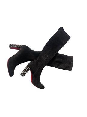 Louboutin Embellished Heel Long Stretch Suede Boots