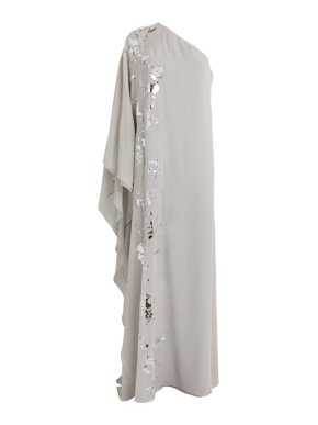 Kolston Metallic Foiled One-Shoulder Silk Chiffon Caftan Gown