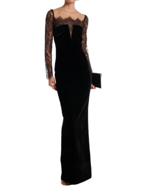 Roland Mouret Black Velvet Lace Detail Gown 2026