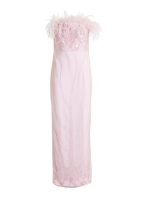 16Arlington Blush Pink Strapless Sequin Gown with Feather Trim Neckline