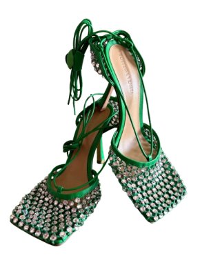 Bottega Veneta Green Sparkle Stretch Crystal Heels