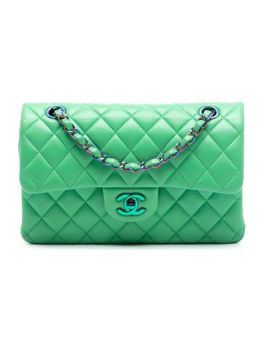 Chanel Green Small Classic Lambskin Rainbow Hardware Double Flap