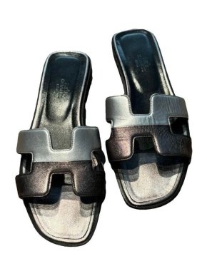 Hermes Black Leather Oran Sandals