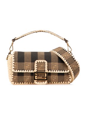 Fendi Brown Pequin Gingham Canvas And Raffia Baguette Satchel