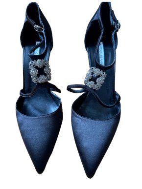 Manolo Blahnik Black Satin Seneca 105 Pumps