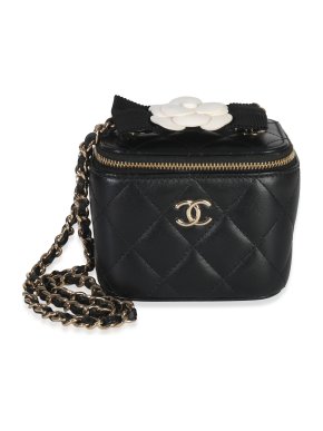 ChanelQuilted Black Lambskin Camelia Bow Chain Mini Vanity Case