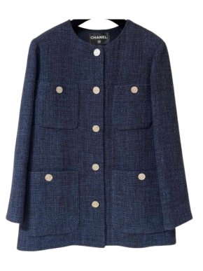 Chanel Blue Tweed Button Front Jacket