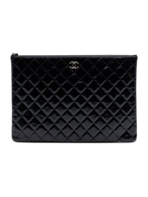 Chanel Black Large Quilted Patent O Case Clutch