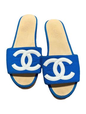 Chanel Blue Fabric CC Slides