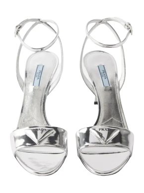 Prada Modellerie Logo-Plaque Metallic-Leather Sandals.