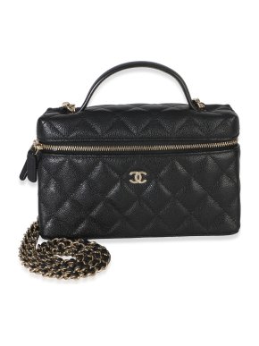 Chanel Black Quilted Caviar Top Handle Slim Vanity With Chain