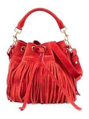 Saint Laurent Red Small Suede Emmanuelle Fringe Bucket Bag