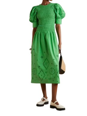 Ganni Green Cotton Smocked Dress