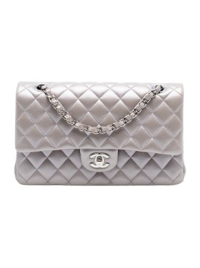 Chanel Silver Medium Classic Metallic Lambskin Double Flap