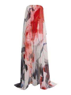 Kolston Strapless Brushstroke-Print Chiffon Overlay Slit-Hem Gown
