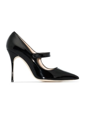 Manolo Blahnik Black Patent Campari Mary Jane Heels