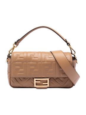 Fendi Beige Zucca Embossed Leather Baguette Satchel