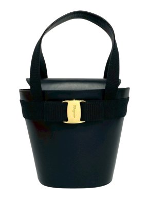 Ferragamo Black Leather Vara Bow Top Handle Bucket Bag