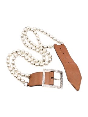 Valentino Tan Leather & Faux Pearl Crystal Buckle Belt