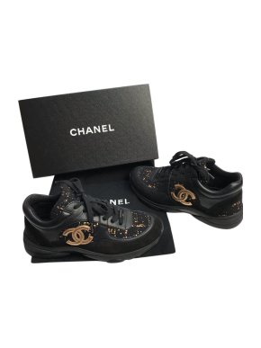 Chanel Black & Gold Tweed & Leather Sneakers