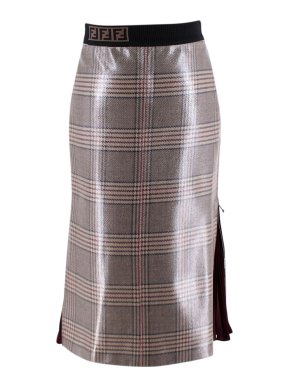 Fendi Laminated Beige & Burgundy Check Pencil Skirt