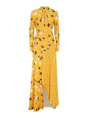 Self Portrait Yellow Floral Crepe Twist-Neck Maxi Dress