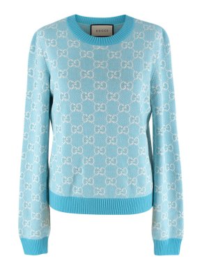 Gucci Turquoise & White GG Intarsia Sweater